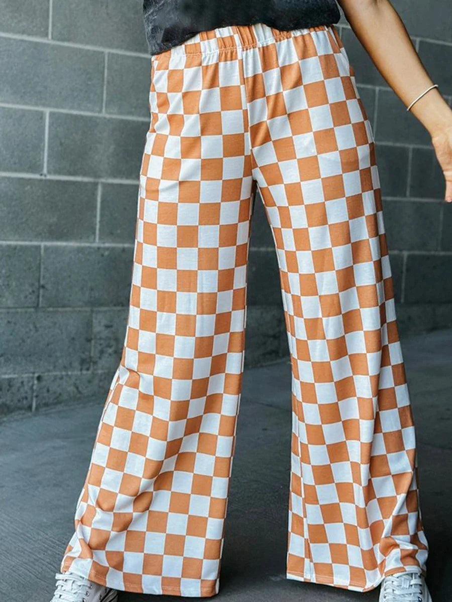 Womens Checkered Wide Leg Pants High Elastic Waisted Straight Loose Fitted LoungeTrouser Y2k Korean Streetwear