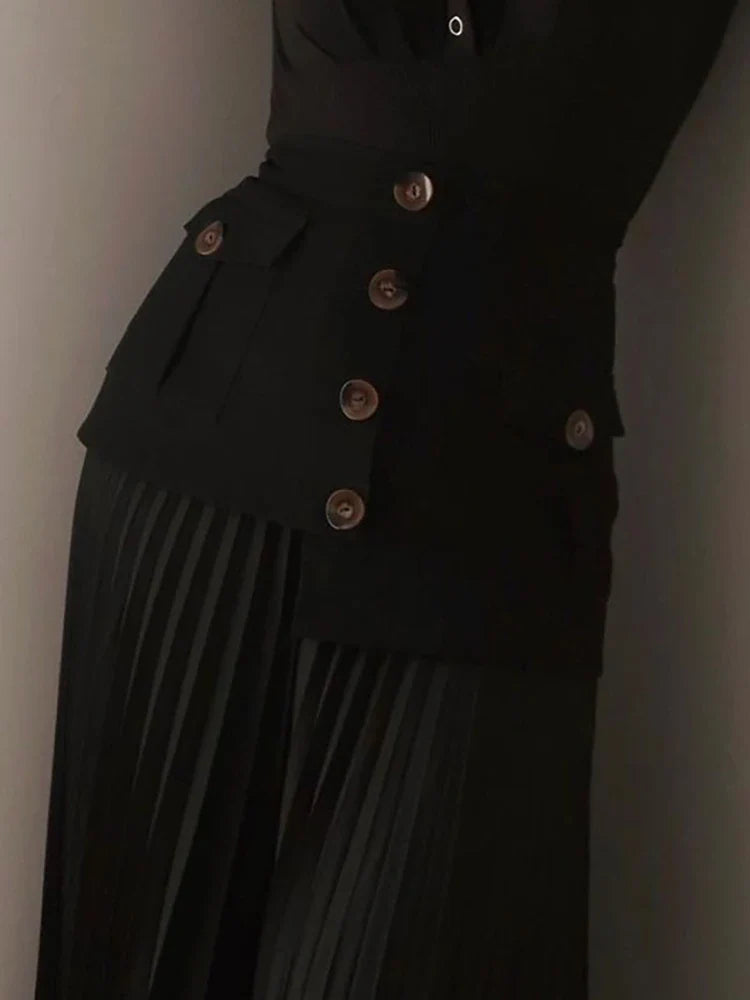 DEAT Fashion Women's Skirt High Waist Spliced Single Breasted Pleated Irregular Solid Color Long Skirts Spring 2024 New 17A6142