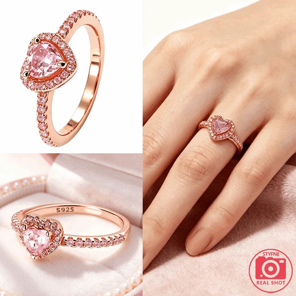 Rose Gold Plated Elegant Heart Halo Cocktail Ring Brilliant Multi Stone Fine Jewelry For Women And Teens