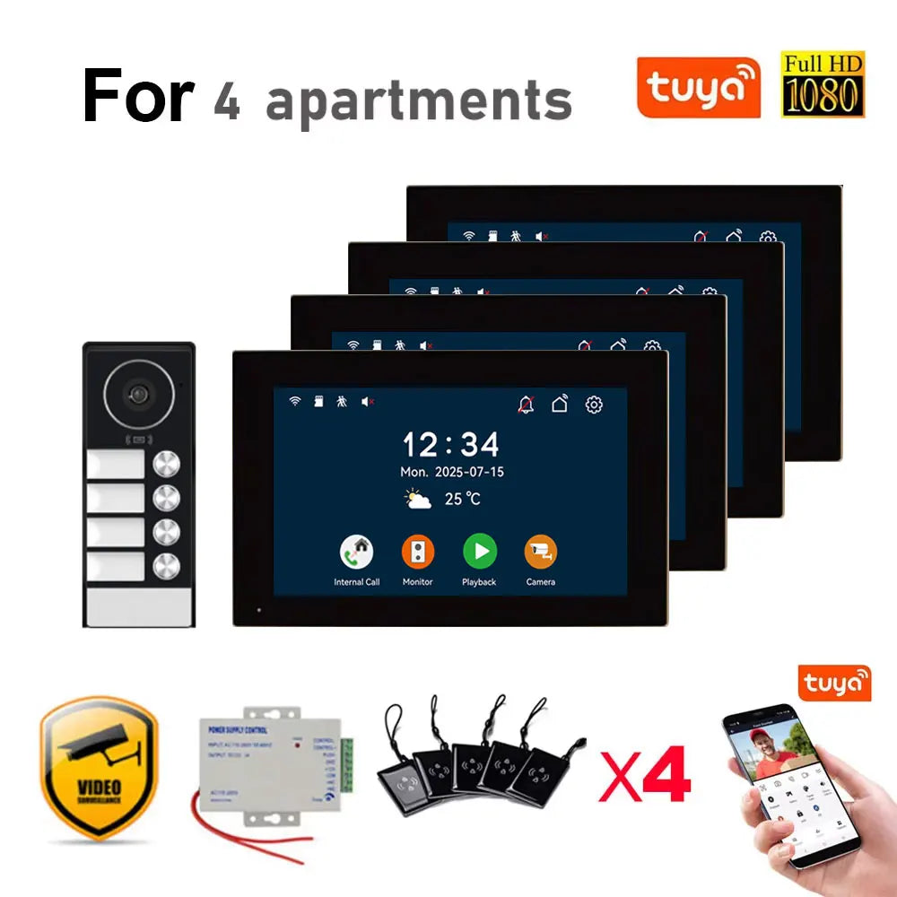 Tuya 7Inch Touch Monitor Video Wifi Intercom Smart Home Video 2 / 3 / 4 Family Apartment Doorbell System 1080P Wide Angle Camera