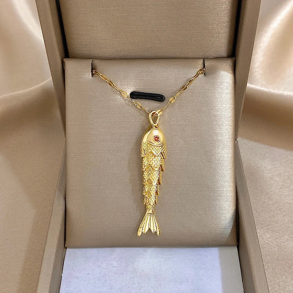 18K Gold Plated Stainless Steel Fish Pendant Necklace for Women