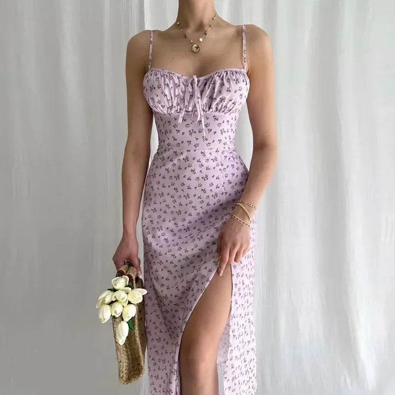 Floral Sexy Suspender Dress Fashionable Strappy Backless Split Skirt Temperament Banquet Summer Women's Wear
