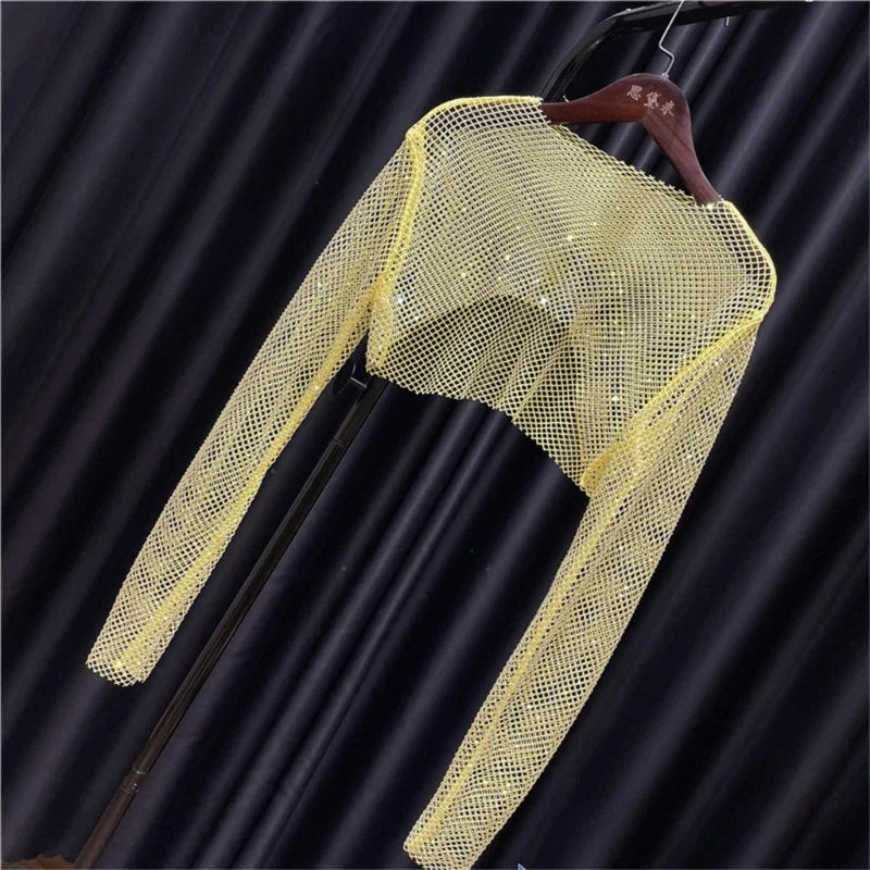 Women Colorful Rhinestones Long Sleeve Crop Top Sparkly Glitter Drill Shawls Shrug See Through Fishnet Cover Up Clubwear