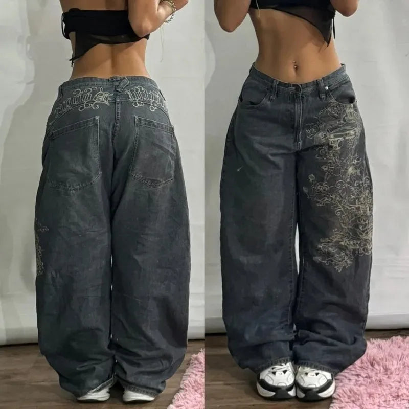 American New Fashion Pattern Embroidered Baggy Jeans Women Y2K Harajuku Vintage Gothic Hip Hop Popular High Waist Wide Leg Pants