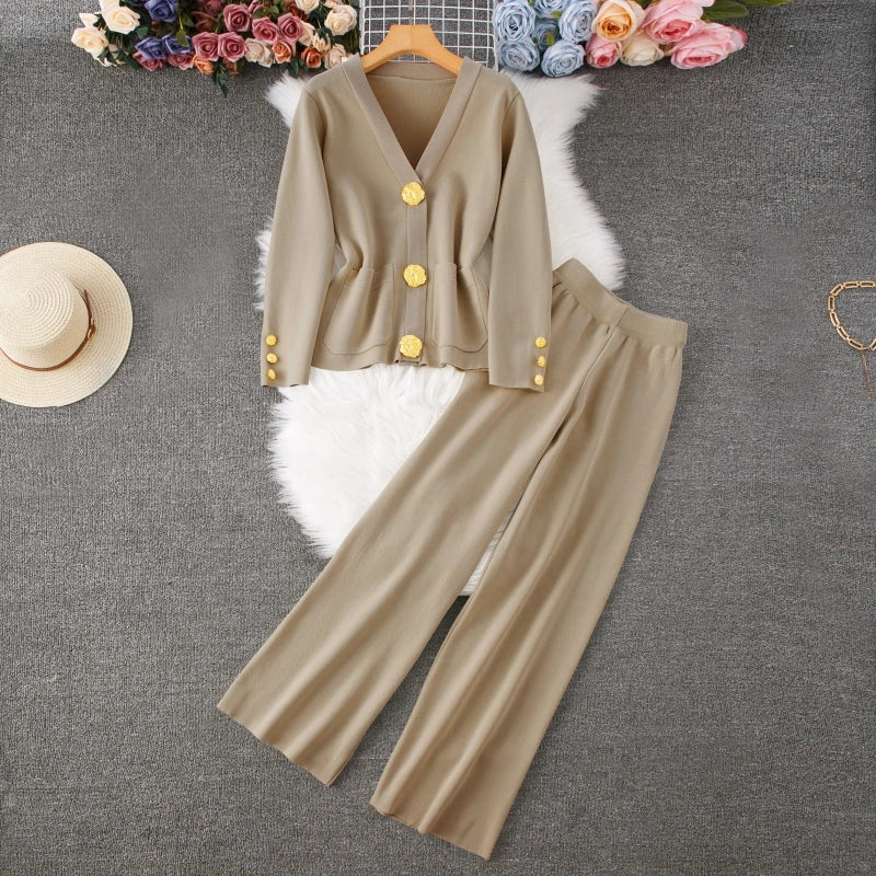 2024 Autumn Winter Knitted Set Women Casual Gold Button V-Neck Long Sleeve Sweater Cardigan Coat + Wide Leg Pants Two Piece Sets