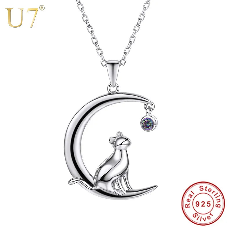 U7 Authentic 100% 925 Sterling Silver Cat Moon Necklace Meditation Women Jewelry   Chain & Pendant Valentine Gift SC17