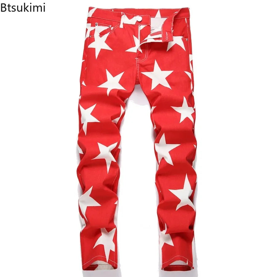 2026 New Fashion Men Clothing Stars Print Jeans Y2K Fancy Color Stretch Cotton Denim Pants Spring Trendy Slim Straight Trousers