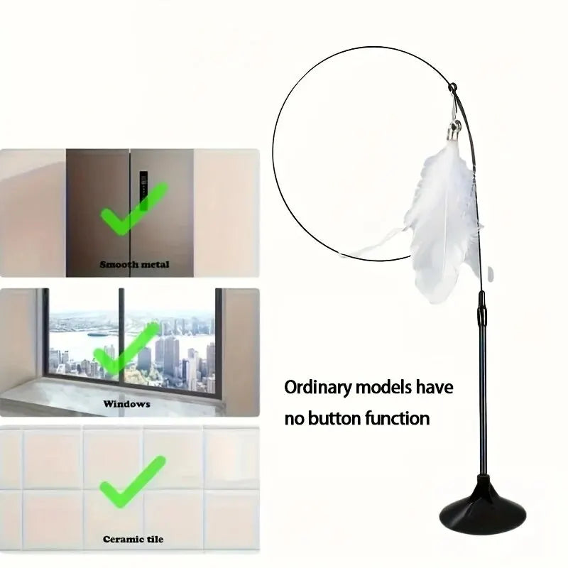 Cat Teaser Toy - Interactive Bell & Feather Wand - Long Suction Cup