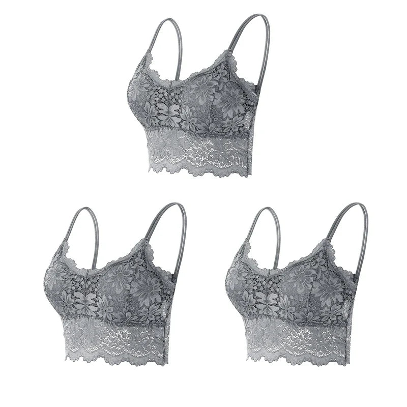 3PCS Women's Lace Top Comfortable Bralette, Solid Color Underwear Vest.