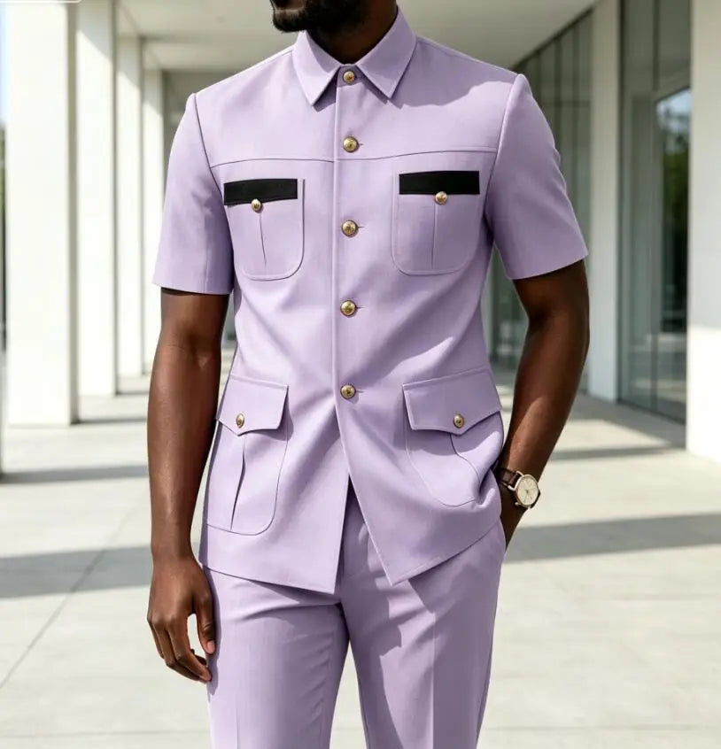 Luxury Men Suit Short Sleeves Safari Suit 2 Pieces Black Contrast Pockets Gold Button Business Wedding Party Casual Blazer Pants