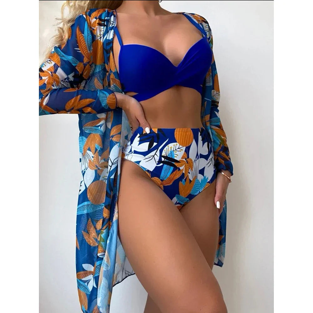 2024 3pack Swimwear Women Cover Up Bikini Set Push Up Swimsuit Biquini Swim Wear Print Bathing Suit Maillot De Bain