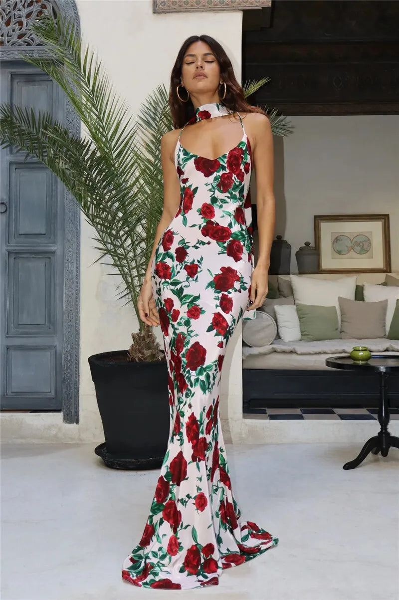 Mozision Halter Backless Print Sexy Maxi Dress For Women Gown Elegant Sleeveless High Waist Evening Club Party Long Dress