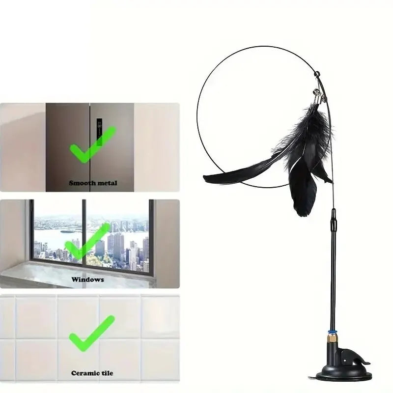 Cat Teaser Toy - Interactive Bell & Feather Wand - Long Suction Cup