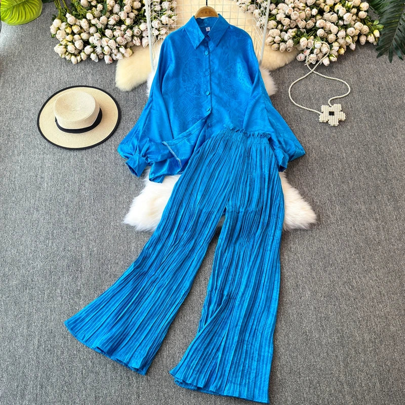 Elegant For Women's Fashion Sets Casual Long Sleeve Shirt Straight Pants Suit Female 2024 Loose Print Tops Two Pieces Outfits