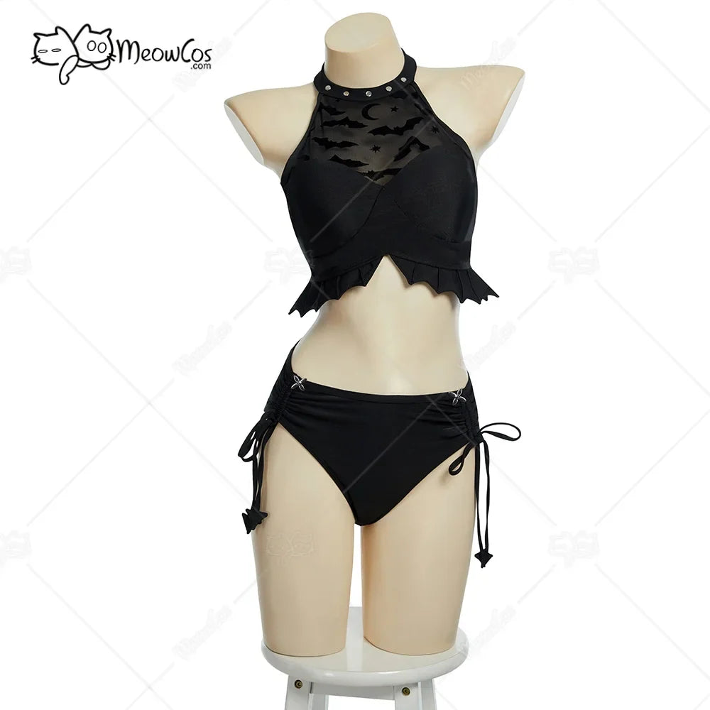 Meowcos Women‘s Nocturnal Waves Gothic Black Bat Two-piece Swimsuit Halter Top Bathing Suit with Detachable Skirt