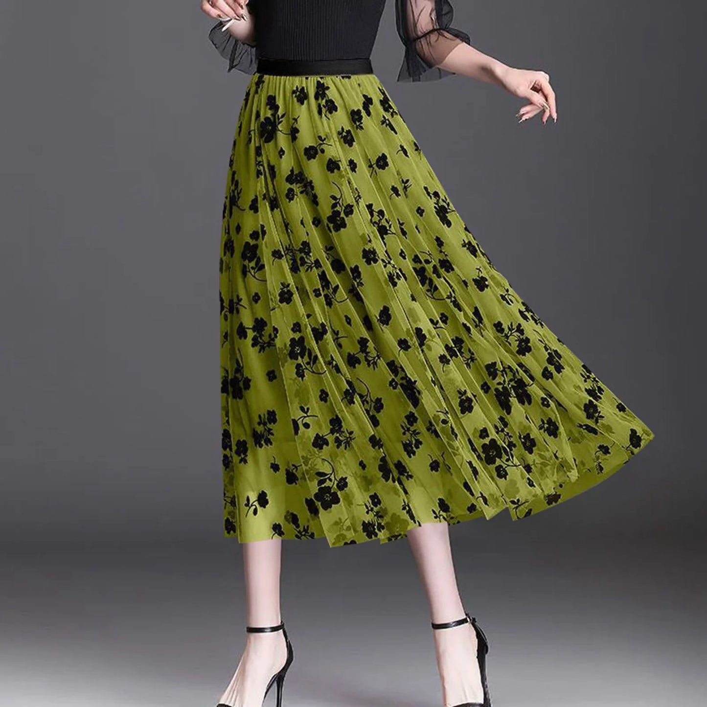 Women Vintage Fashion Floral Printed Flowy A Line Skirt Casual Boho Slim Fit Long Skirt Elegant Chic Summer Mesh Chiffon Skirts