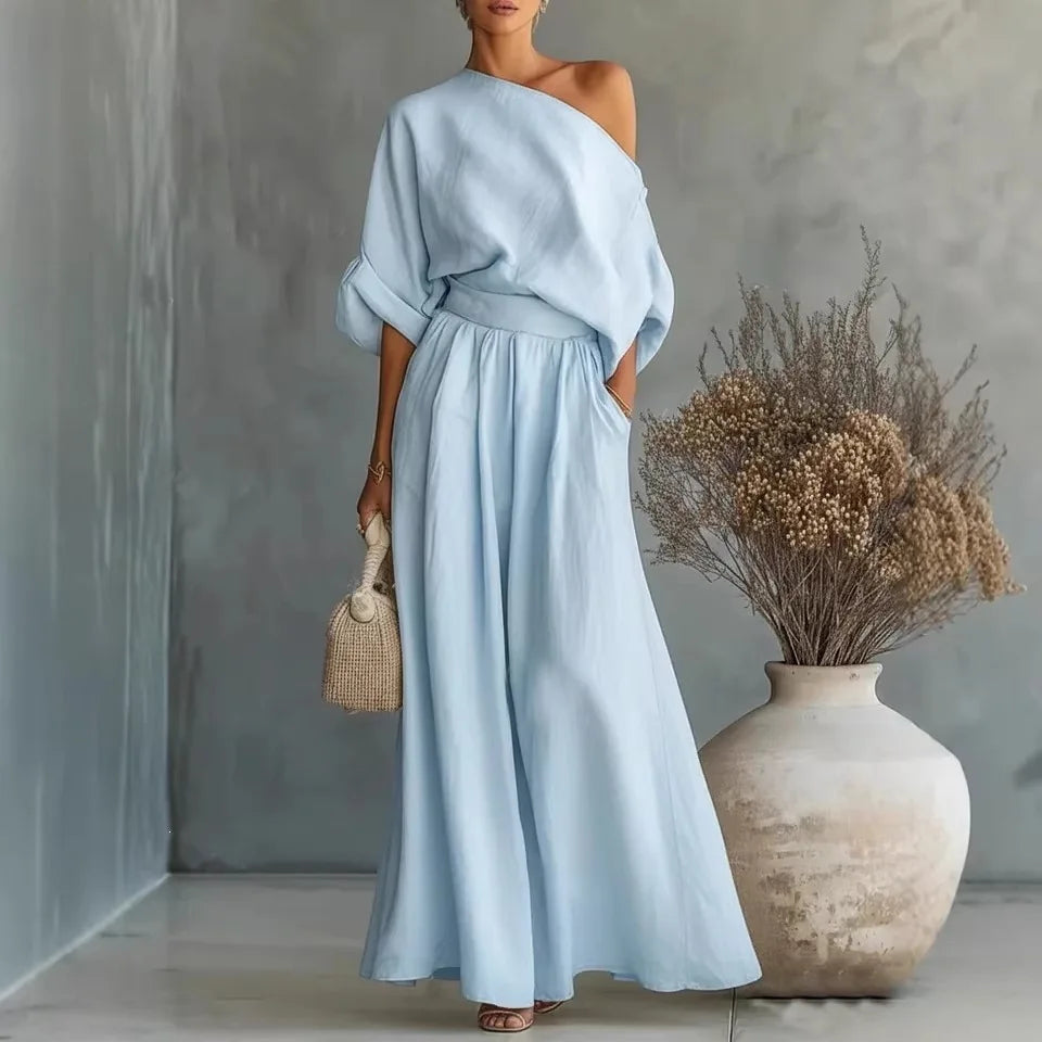 Pant Set Women Elegant Two Piece Sets Skew Collar Half Sleeve Shirt Wide Leg Long Pants Tight Waist Y2k Streetwear Work 2026