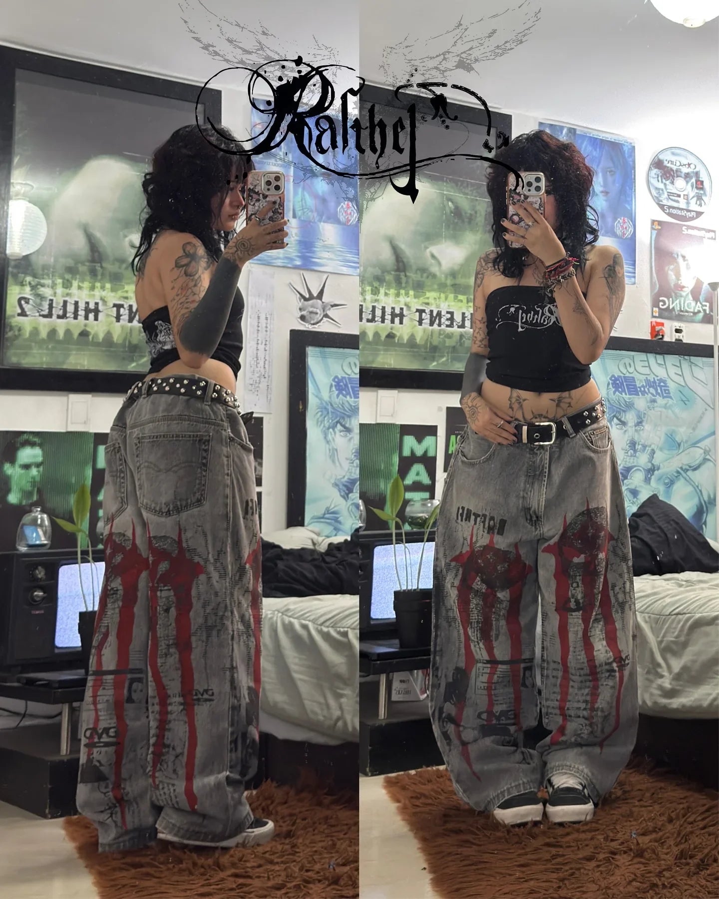 Y2K Gothic Punk Baggy Pants Women Red White Tribal Flame Print Wide Leg Trousers Vintage Grunge Streetwear Alt Clothing