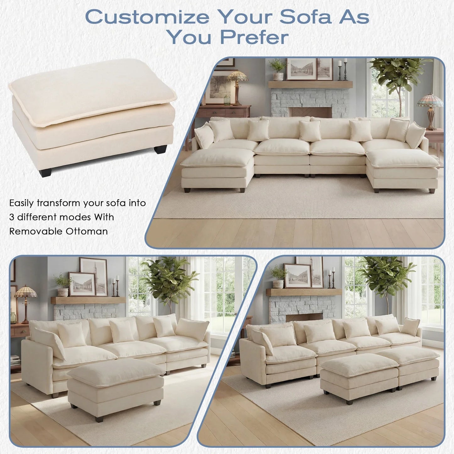 Redlife 113.4" Modular Sectional Sofa with Ottoman, Comfy Cloud Couch with Deep Seat (23.6" D), Solid Wood Frame, for Living Room.