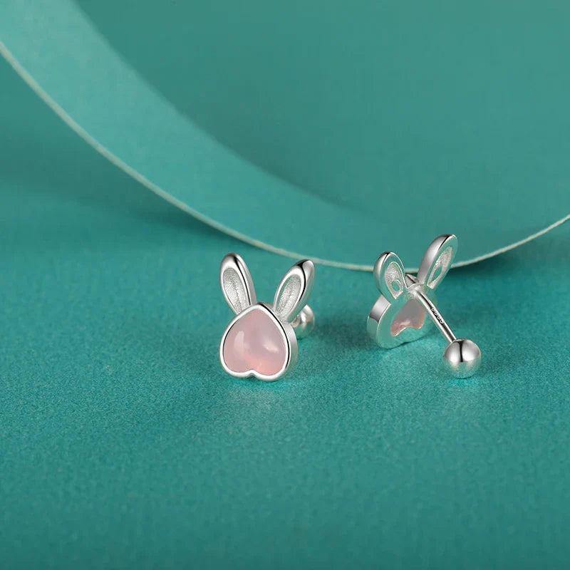 TrustDavis Real S999 Sterling Silver Kids Animal Rabbit Moonstone Screw Stud Earrings For Daughter Girls Fine Jewelry DF2044