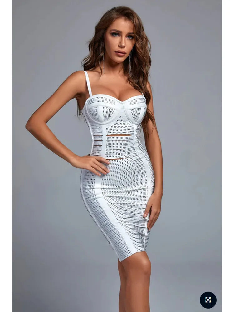 New Summer White Color Women Sleeveless Sexy Hollow Out Bodycon Mini Dress Bandage Celebrate Birthday Party Dress