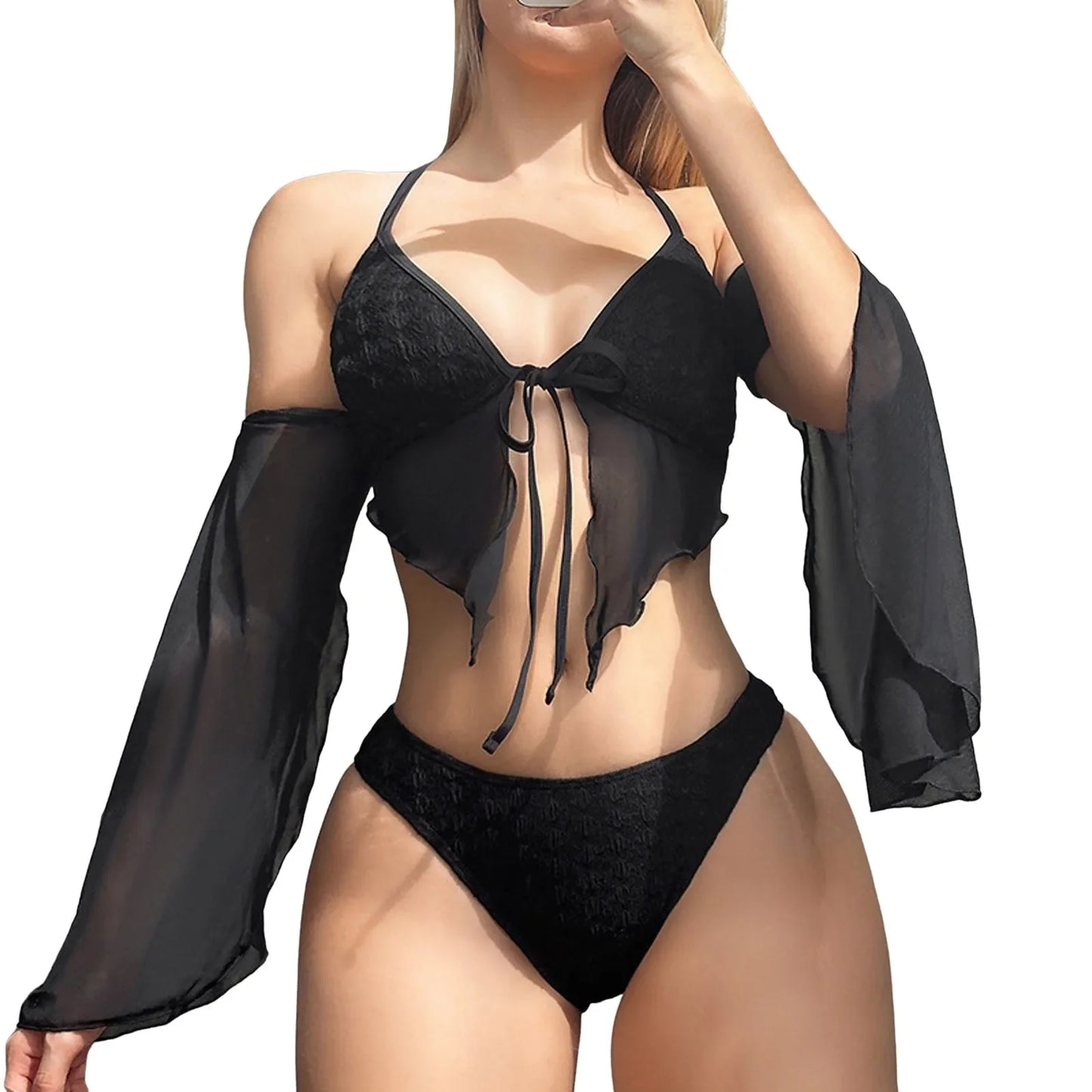Women'S Three Piece Swimsuit Tulle See-Through Halter Adjustable Shoulder Strap Backless Bikini Paired With Sleeves Swimwears