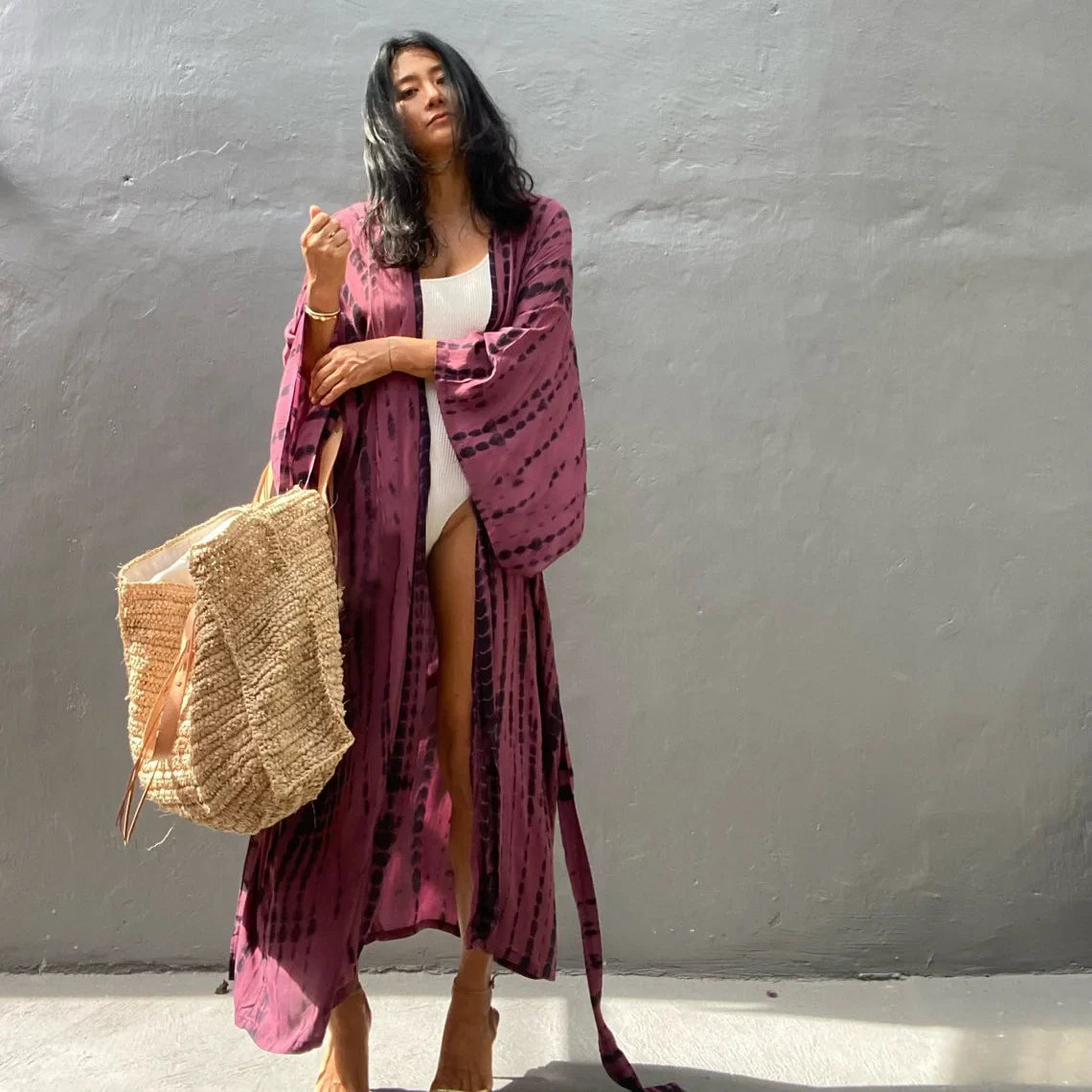 2023 Women's Boho Stripe Tie Dye Swimsuit Cover Up with Belt Tunic Sarong Cardigan Dress Bikini Cover-ups Beach Wear Kimono