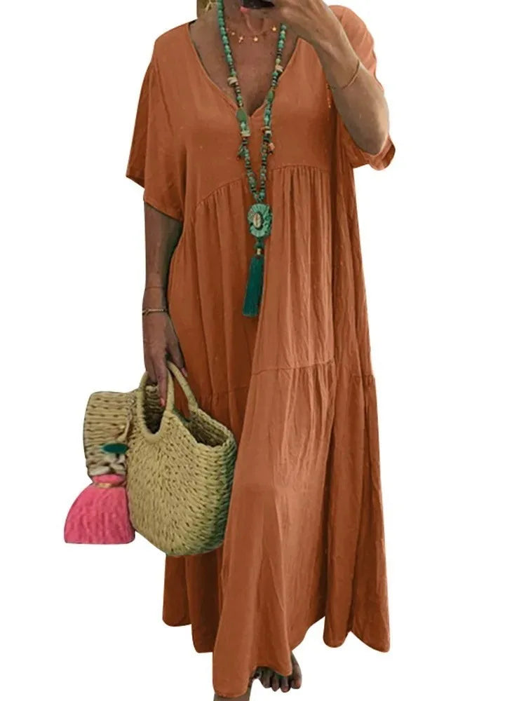 Summer New Casual Solid Color Cotton Hemp Short Sleeve Long Women's Dress Simple Loose Beach Maxi Female Fashion Dresses 2023