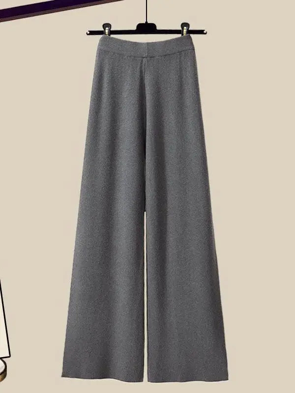 Fall Winter Knitwears 3 Pieces Set For Women Plaid Knitted Vest+solid Blouse+wide Leg Knitting Pants Sets Women Outfits 2024