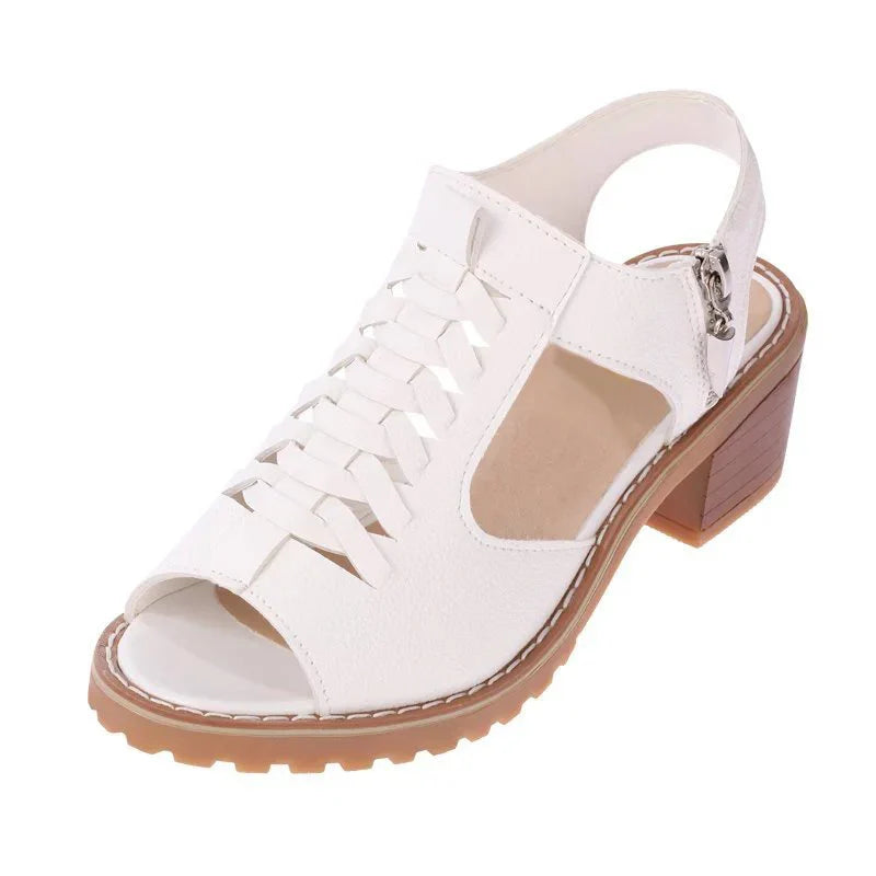 Comemore 2021 New Women's Square Heel Summer Shoes Leather Zip Gladiator Sandals Medium Heel Zip Platform Sandals High Heels 43