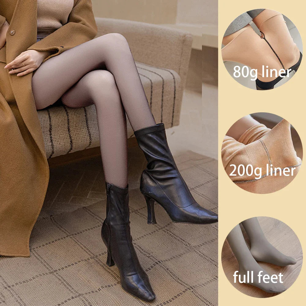Loozykit Fleece Leggings Women's Insulated Tights Winter Thermal Stockings Sexy High Waist Elastic Pantyhose Skin Effect Socks