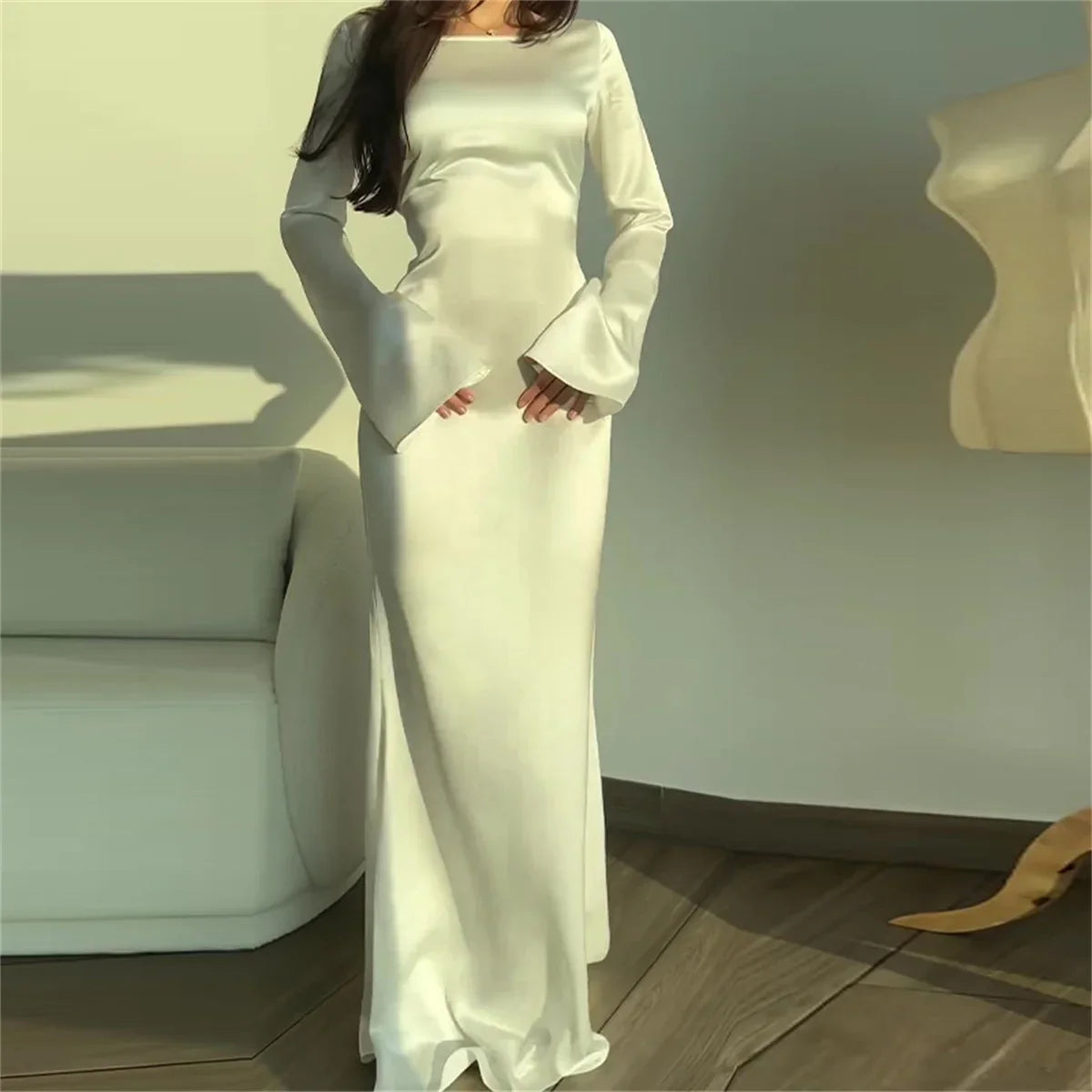 Women‘s Maxi Dress 2025 New Silk Long Round Neck Satin Flare Sleeve Lace Up Slim Skirt Evening Party Dresses Sexy Chic Robes