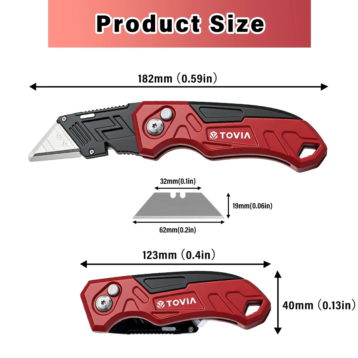 T TOVIA Folding Utility Knife with Blade Storage - Quick-Change Retractable Box Cutter, 3 Extra Blades in Handle, Aluminum Body.