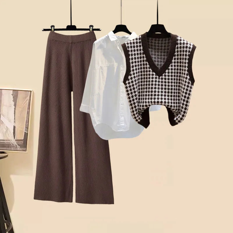 Fall Winter Knitwears 3 Pieces Set For Women Plaid Knitted Vest+solid Blouse+wide Leg Knitting Pants Sets Women Outfits 2024