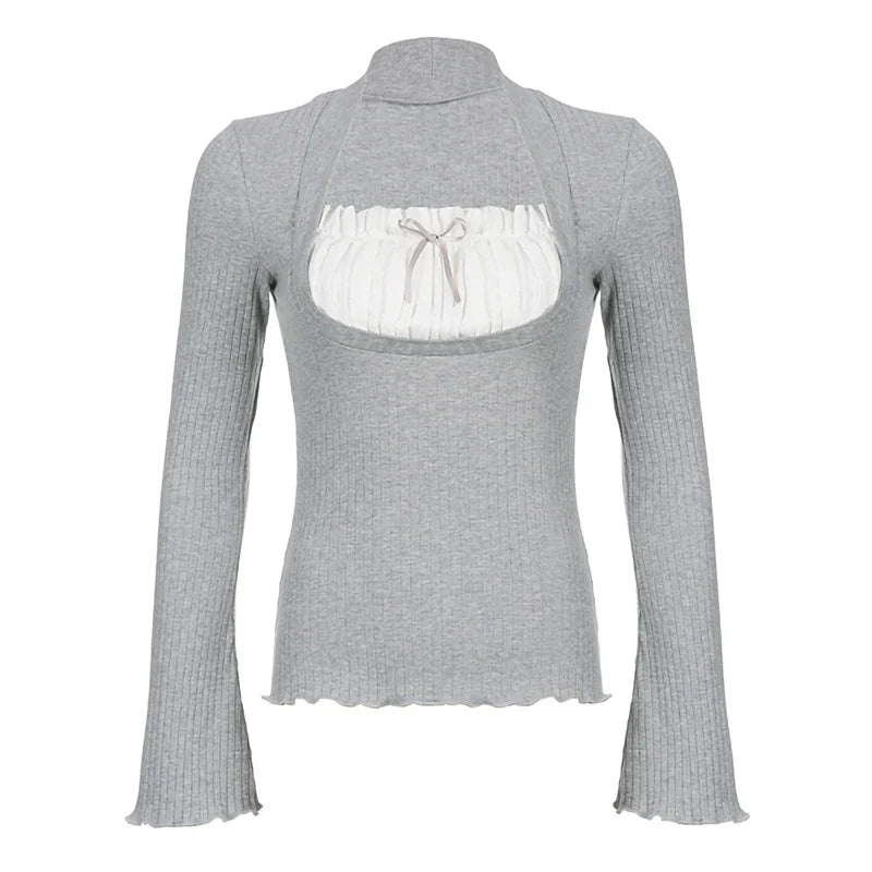 Xingqing Elegant Lady Square Collar T Shirt Kawaii Clothes Fairy Grunge Long Sleeve Ribbed Tops y2k Tees 2000s Women Streetwear