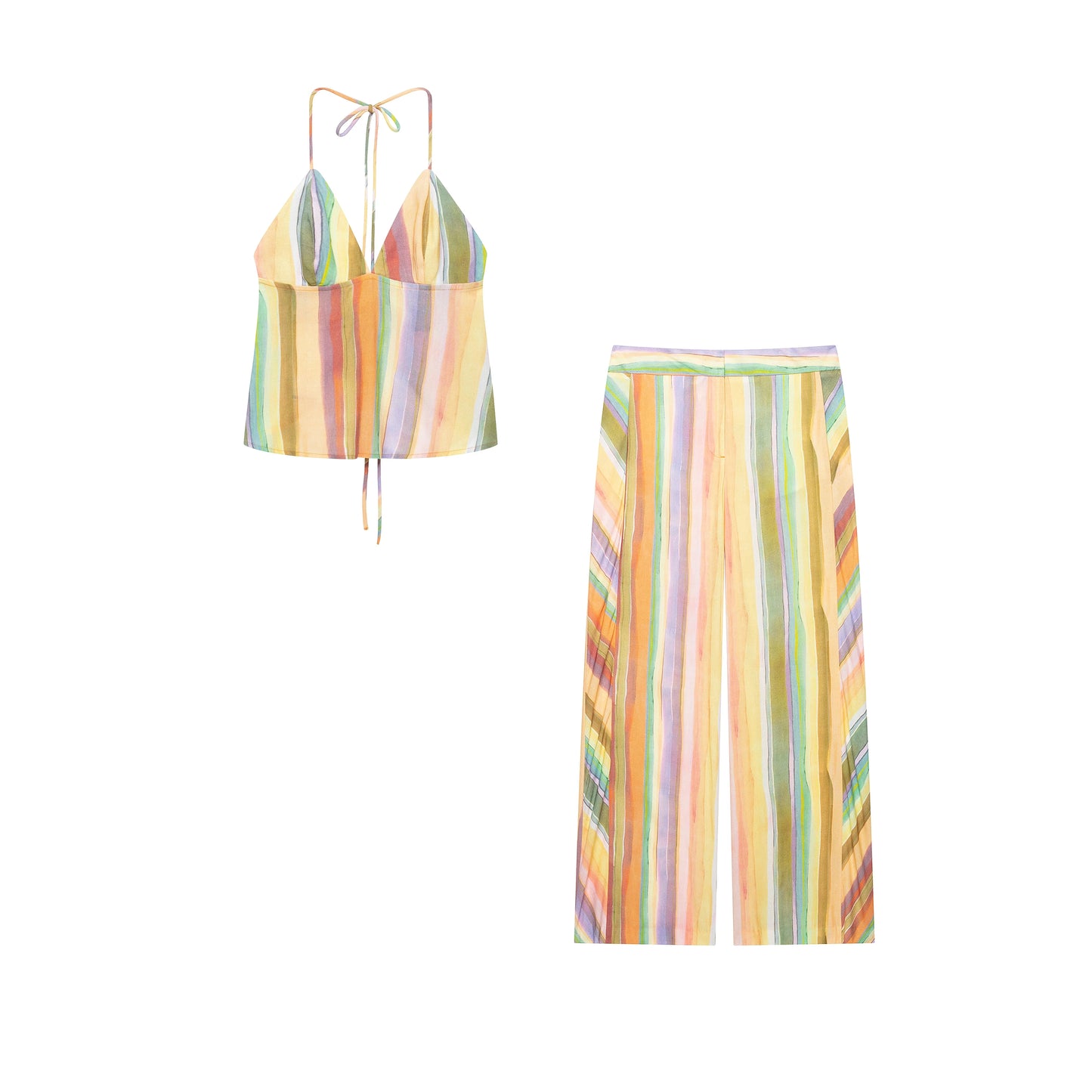 CHARMCHANT Women's Colorful Stripe Two Piece Outfit Halter Backless Tie Top Wide Leg Trousers Holiday Matching Suit Summer 2026