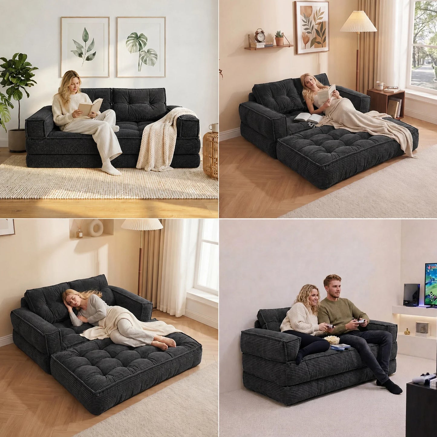 51" 2-Seater Modular Corduroy Sofa with Chaise, 2-in-1 Boneless Convertible Floor Couch, Lazy Double Sofa with Armrest for Living Room, Black