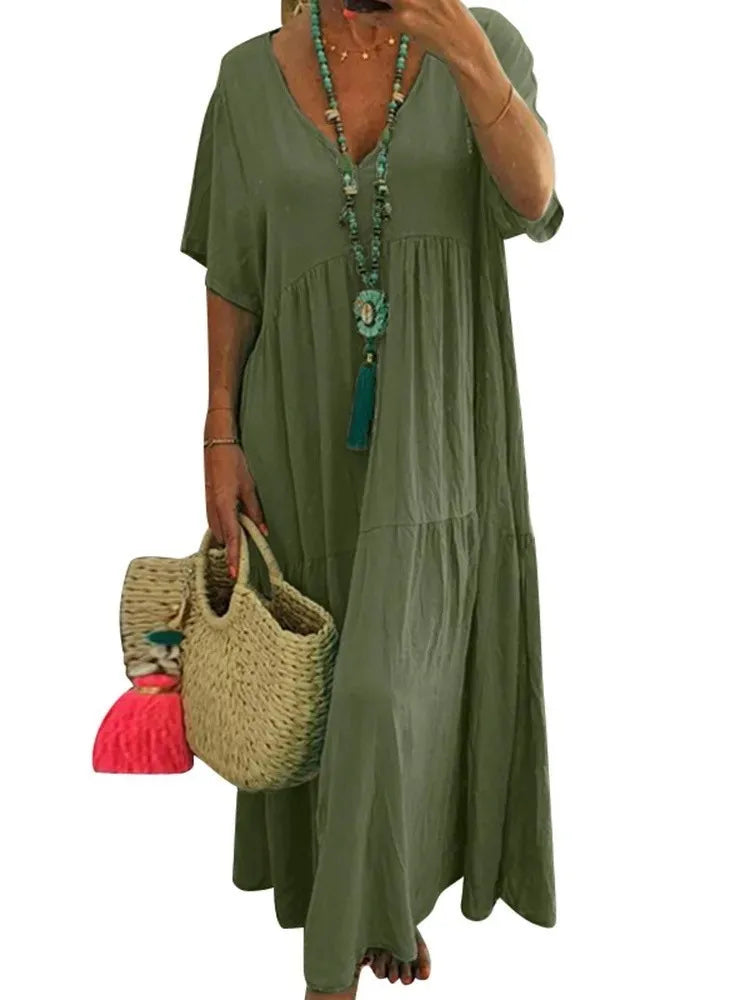 Summer New Casual Solid Color Cotton Hemp Short Sleeve Long Women's Dress Simple Loose Beach Maxi Female Fashion Dresses 2023