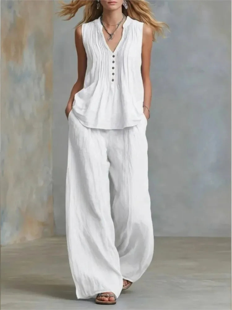Fashion Pleated V-neck Sleeveless Women's Tops 2-piece Summer Casual Loose Wide-leg Trousers Female Elegant Office Trousers Set