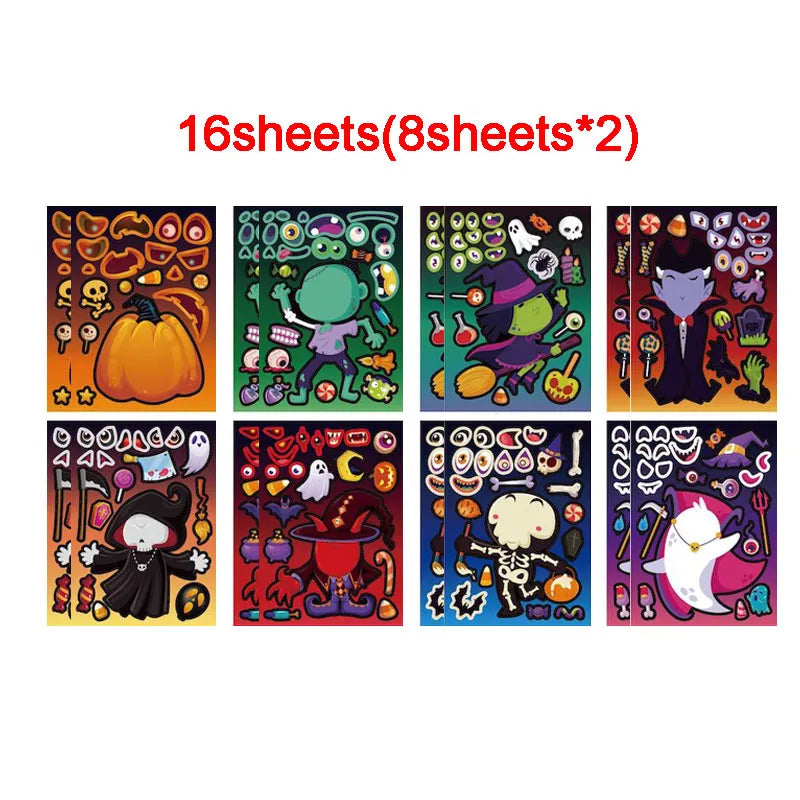 Halloween Party Favors Stickers for Kids 6-24sheets DIY Ghost Witch Mummy Make A Face Stickers Children Toddles Puzzle Jigsaw