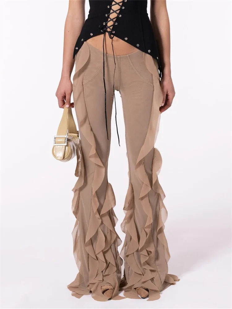 CHRONSTYLE Fashion Women Ruffles Long Flare Pants Solid Color Low Waist Stretch Bell-Bottom Summer Fall Trousers Streetwear 2024