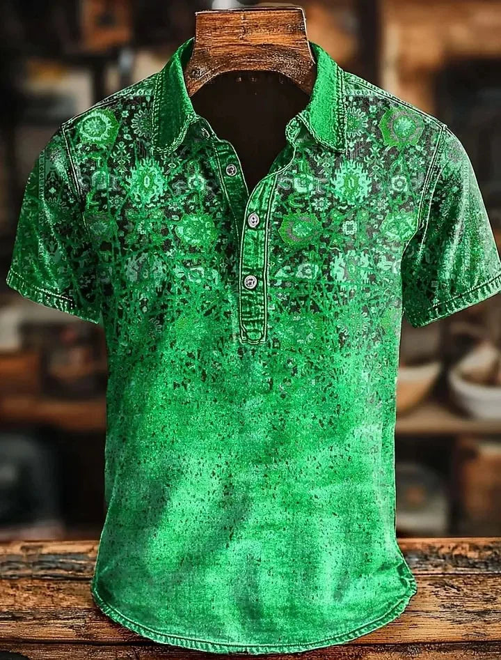 New American Retro Military Style Short Sleeved Polo Shirt with Red, Green, Black Camouflage Printed Casual Shirt