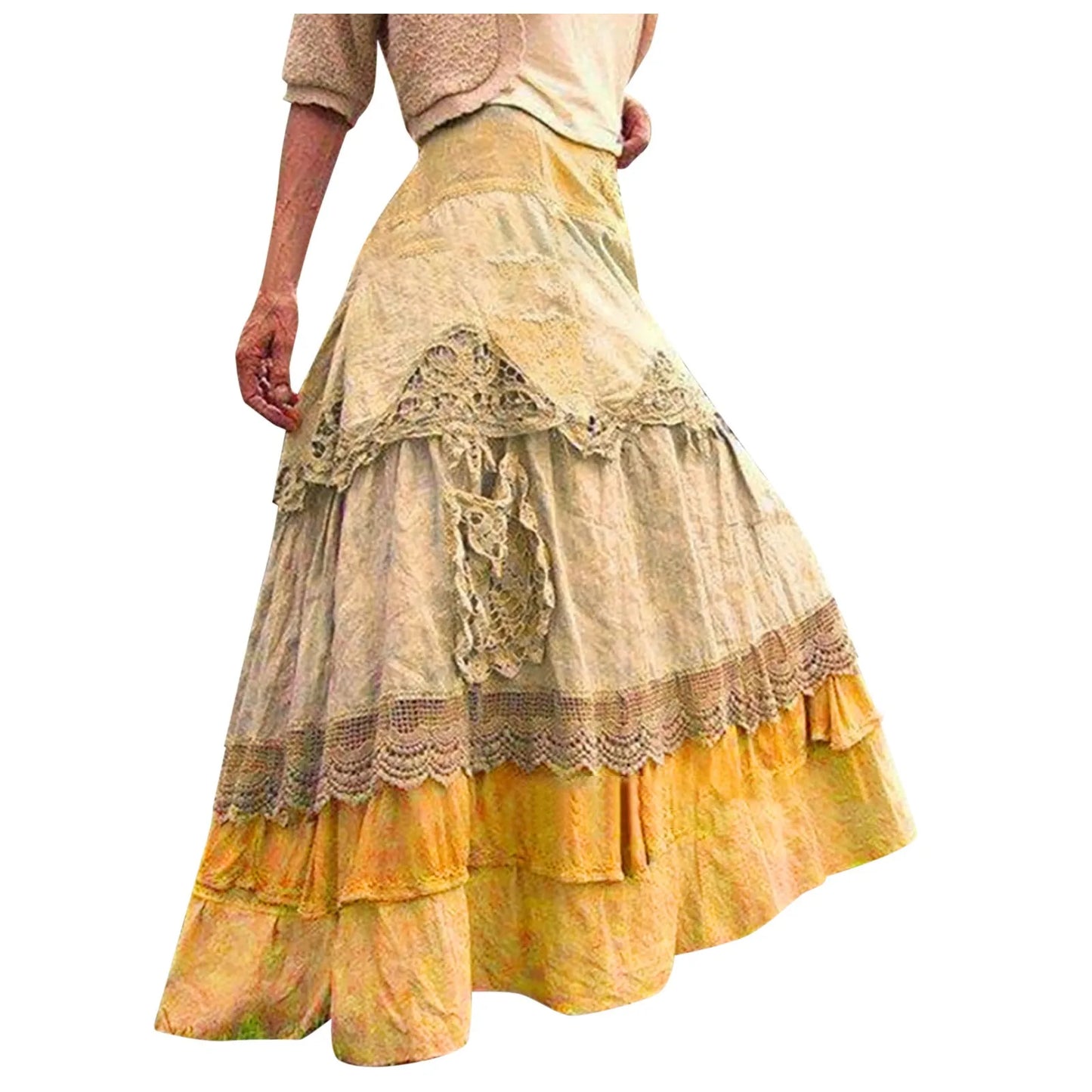 Women's 2025 Summer Boho Tiered Long Lace Skirt Maxi Flared Long Skirts For Women Fairy Casual Patchwork Layered Long Skirts