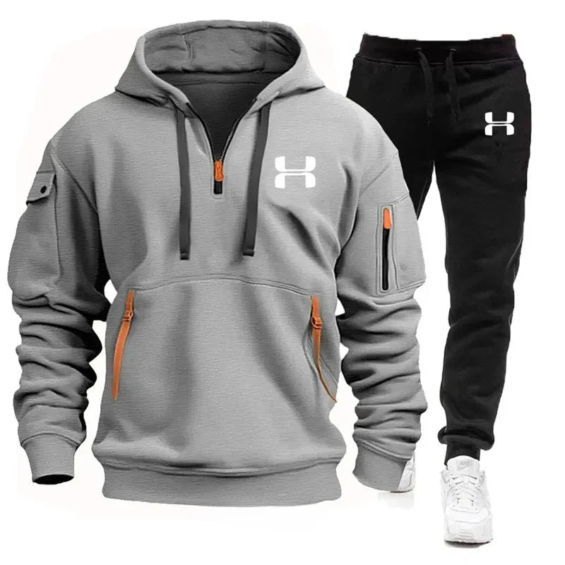 Men autumn and winter new zipper long sleeved hooded sweatshirt, sports and casual pants, two-piece fitness jogging suit.