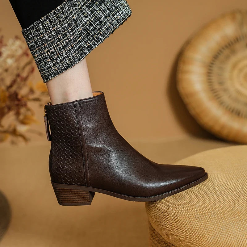 2025 New Autumn Women Boots Pointed Toe Chunky Heel Shoes Genuine Leather Women Shoes Concise Zipper Ankle Boots Western Boots