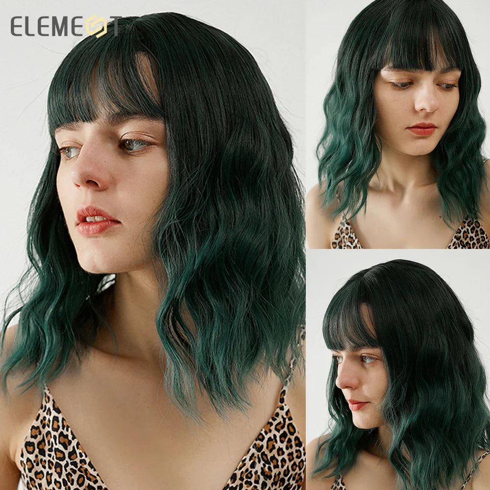 Element Medium Length Synthetic Straight Natural Brown Wigs with Side Bangs Heat Resistant Party Wigs for White/Black Women