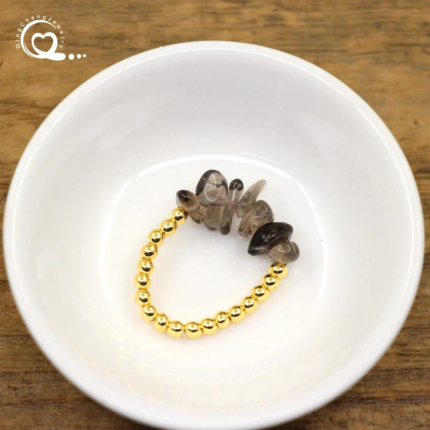 Healing Crystal Chip Stackable Rings Golds Brass Round Beads Natural Stone Gravel Stretchy Ring Fashion Women Jewelry,QC4218