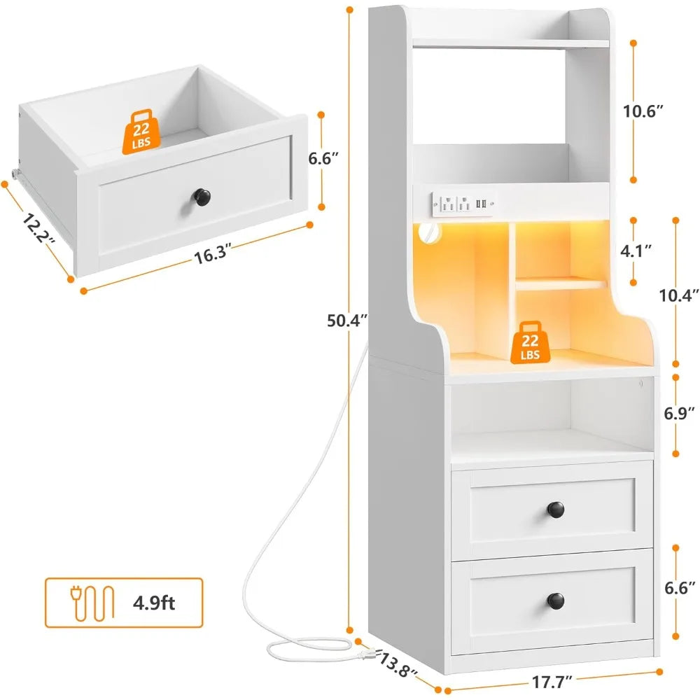 Tall Nightstand with Charging Station and LED Lights White Nightstand with 2 Drawers and Shelves Large LED Nightstand