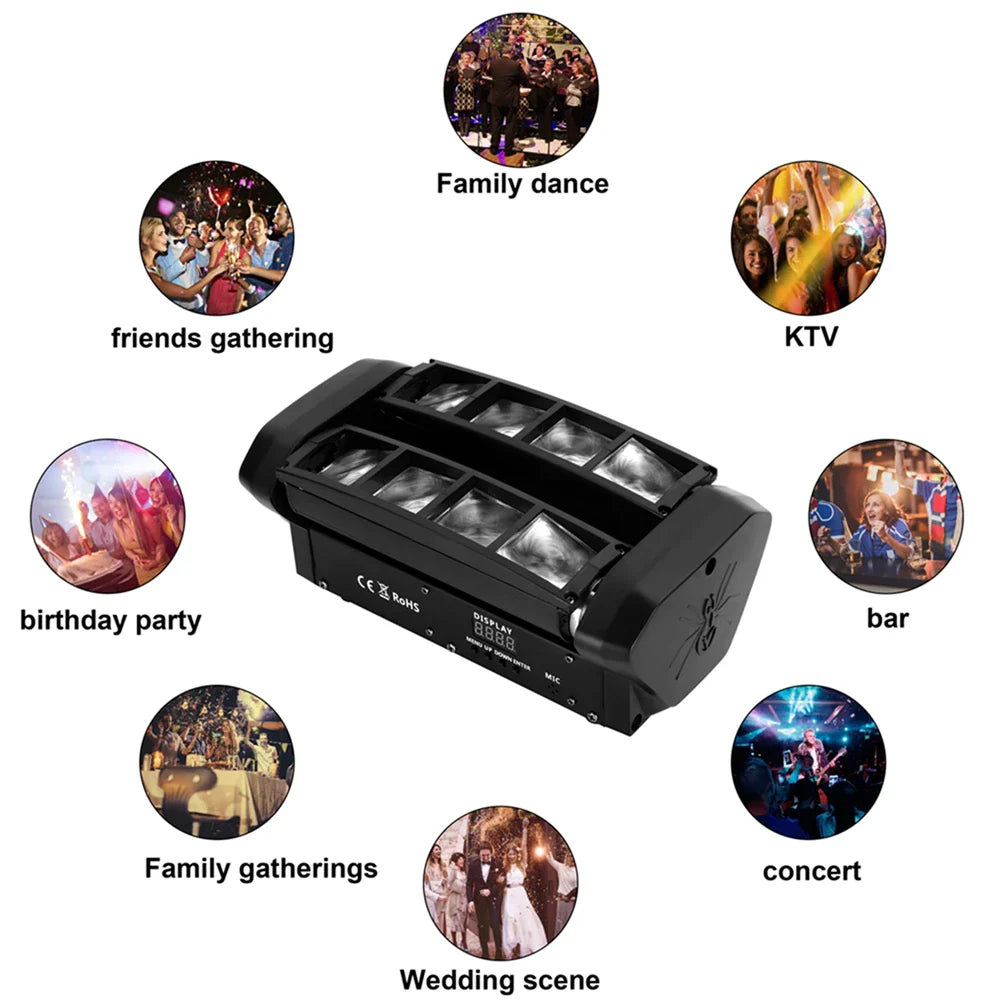 U'King 2Pcs 48W Laser Beam Moving Head Light 8LEDs RGBW Mini Spider Stage Light DMX&Sound Control For Club DJ Show Home Party