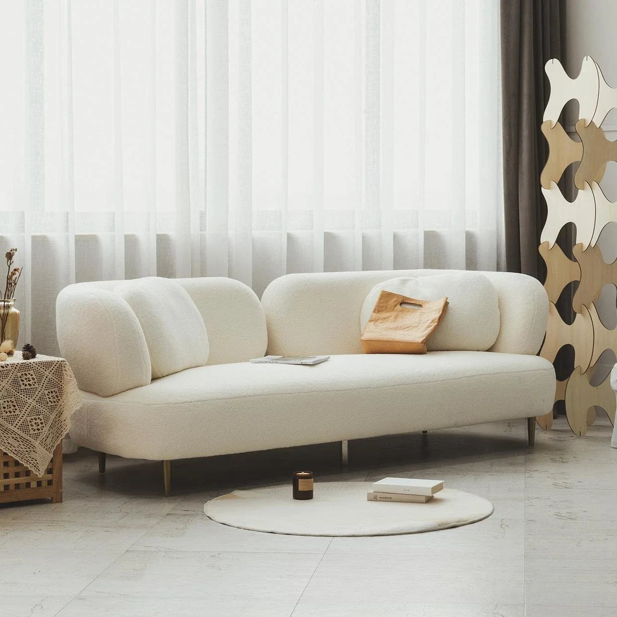 Wabi-sabi wind lamb wool three-person sofa combination light luxury small apartment designer creative beauty reception